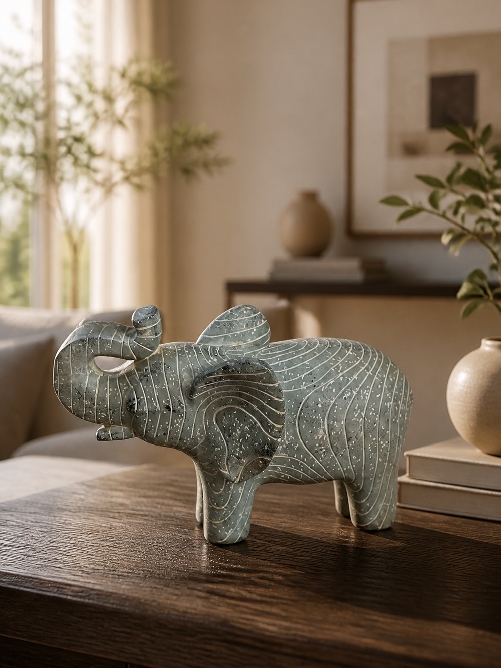 Grey Ceramic Elephant Figurine with White Accents